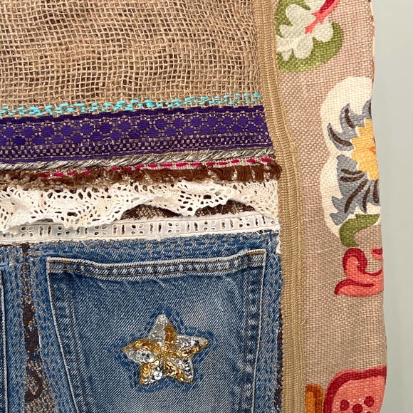Upcycled Tote Market Bag Denim Lace Remnants Large Shopping Crafts Boho Artist - Picture 5 of 9